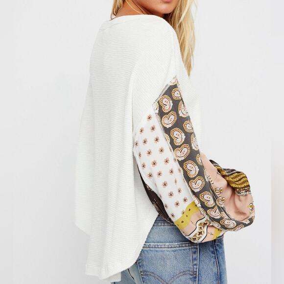 We The Free Blossom White Long Printed Balloon Sleeves Boho Oversized Top XS - Picture 2 of 10